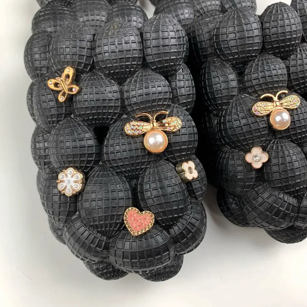 Massage Bubble Slides Black Slip On Sparkly Charms Flowers Butterfly Women's 10